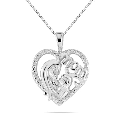 Mothers Day Gift 0.03 Carat Diamond Heart Mom Pendant Necklace 10K Gold With 18'' Rhodium Plated Silver Chain