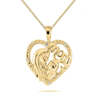 Mothers Day Gift 0.03 Carat Diamond Heart Mom Pendant Necklace 10K Gold With 18'' Rhodium Plated Silver Chain