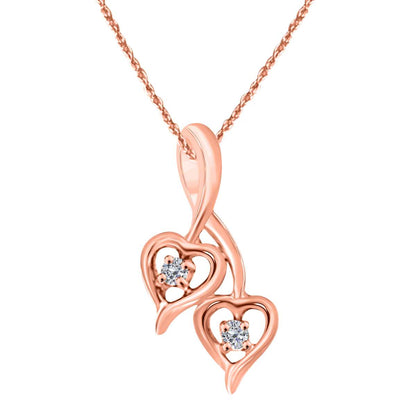 0.10 Carat Two Stone Double Heart Shape Necklace Pendant In 10K White Rose & Yellow Gold With 18" Chain