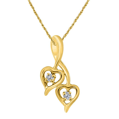 0.10 Carat Two Stone Double Heart Shape Necklace Pendant In 10K White Rose & Yellow Gold With 18" Chain