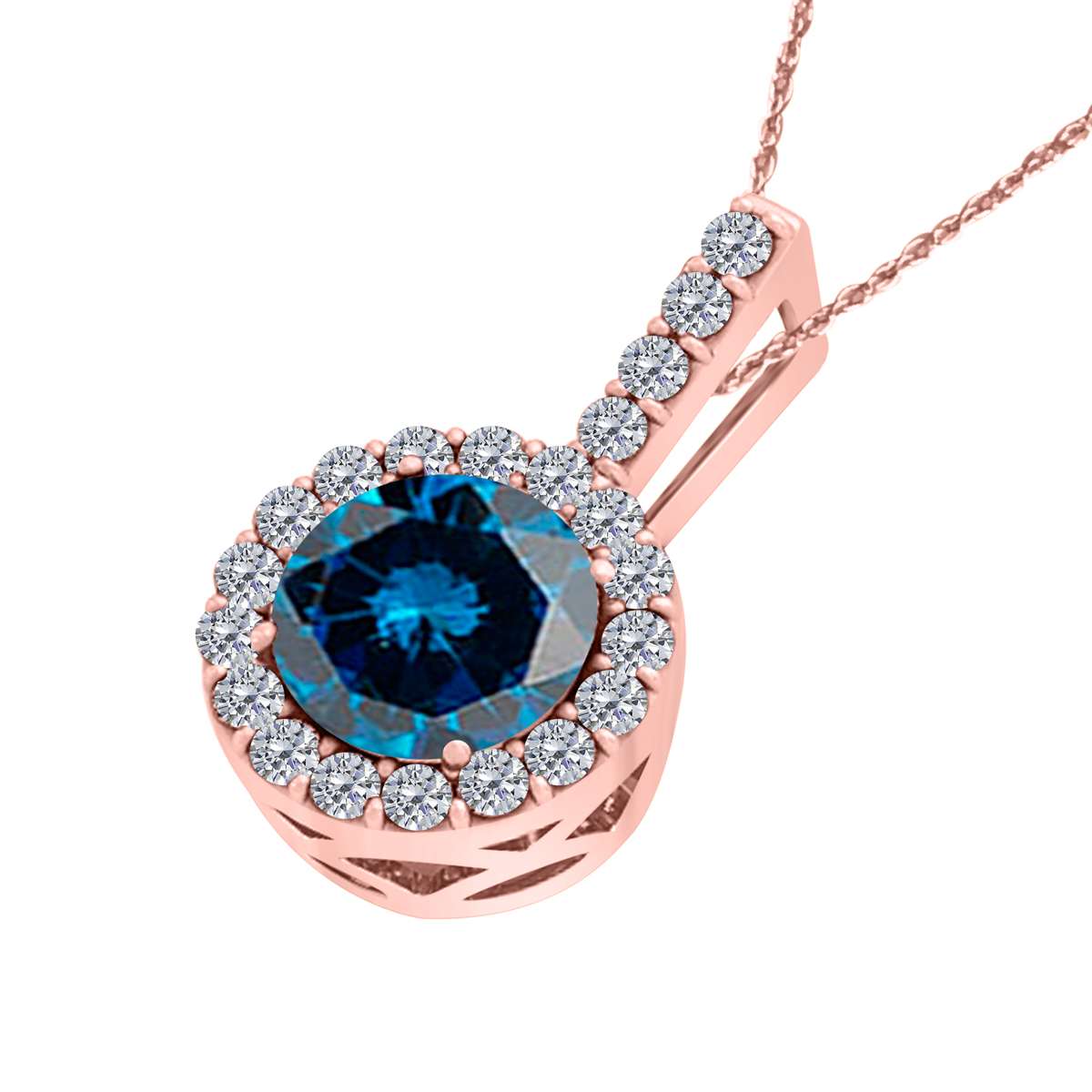 1.15 Carat Halo Blue Diamond Necklace Pendant for Women In 14K Rose White & Yellow Gold With 18" Box Chain