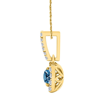 0.75 Carat Halo Blue Diamond Necklace Pendant for Women In 10K White Rose & Yellow Gold With 18" Box Chain