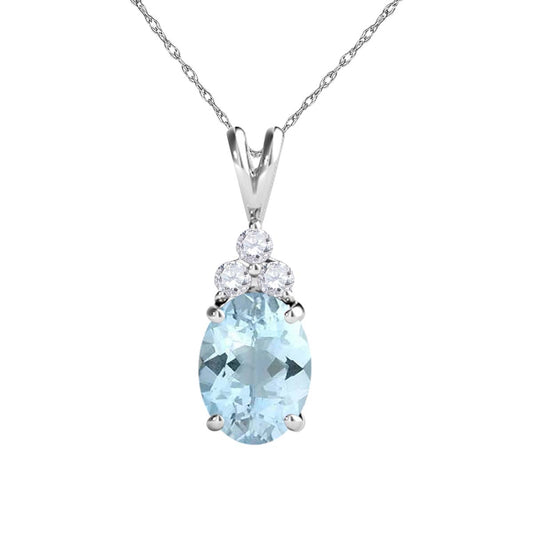 MauliJewels Engagement Necklace for Women 1.30 Carat Diamond & Oval Shape Aquamarine Pendant 4 Prongs, 14K Gold With 18 inches Chain