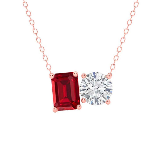 Mauli Jewels 14K Gold 2.00 Carat Lab Grown Diamond and Lab Created Ruby Toi Et Moi Pendant Necklace for Women | EF-VS1 Clarity | AAA Color | With Gold Cable Chain