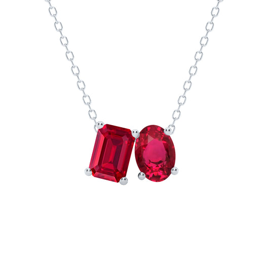 Mauli Jewels Toi Et Moi Pendant Necklace for Women in 14K White & Yellow Gold Over 925 Sterling Silver, 2.00 CTW Lab Created Emerald & Oval Cut Ruby Pendant with 18" Gold Plated Chain