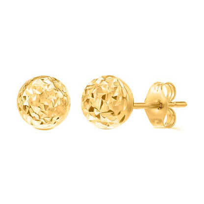 14K Solid Yellow Gold Push-Back Earrings with Round Ball Stud and Diamond Cut Design Mauli Jewels