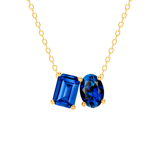 Mauli Jewels Toi Et Moi Pendant Necklace for Women in 14K White & Yellow Gold Over 925 Sterling Silver, 2.00 CTW Lab Created Emerald & Oval Cut Sapphire Pendant with 18" Gold Plated Chain