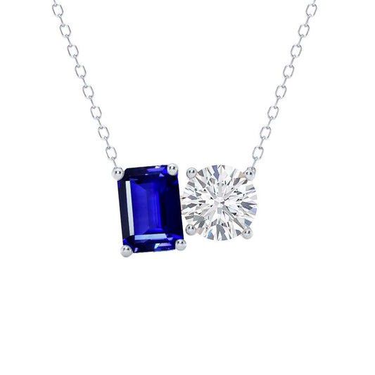 Mauli Jewels 14K Gold 2.00 Carat Lab Grown Diamond and Lab Created Sapphire Toi Et Moi Pendant Necklace for Women | EF-VS1 Clarity | AAA Color | With Gold Cable Chain