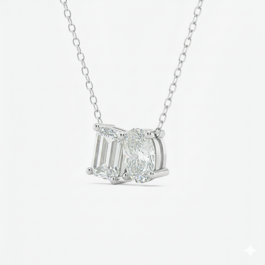 Mauli Jewels Toi Et Moi Pendant Necklace for Women in 14K White & Yellow Gold Over 925 Sterling Silver, 2.00 CTW Emerald & Oval Cut Moissanite Pendant, F-G VS1 Excellent Cut with 18 Inch Gold Plated Chain