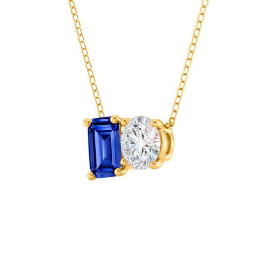 Mauli Jewels 14K Gold 2.00 Carat Lab Grown Diamond and Lab Created Sapphire Toi Et Moi Pendant Necklace for Women | EF-VS1 Clarity | AAA Color | With Gold Cable Chain