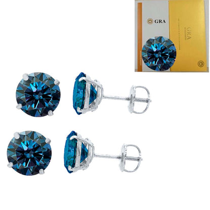 14K Gold Round Blue Moissanite Stud Earrings with Screw Back, GRA Certified D-VVS1 Clarity Mauli Jewels