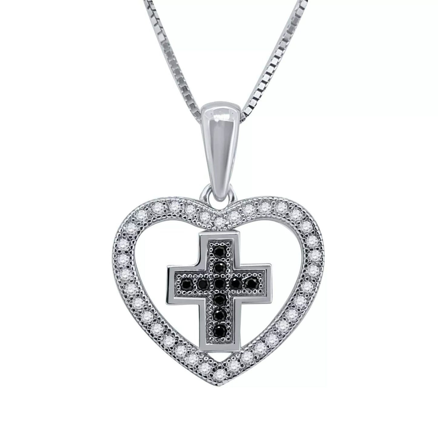 Moissanite & Black Diamond Cross-Heart Charm Pendant Necklace In Sterling Silver