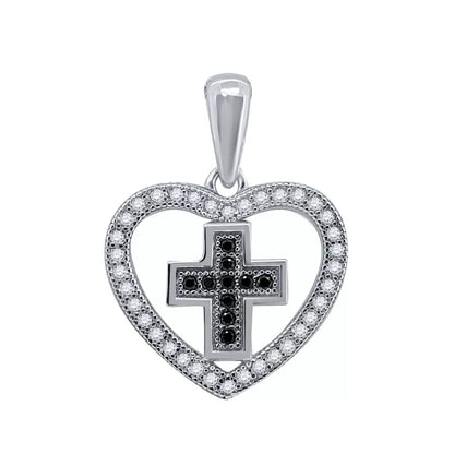 Moissanite & Black Diamond Cross-Heart Charm Pendant Necklace In Sterling Silver