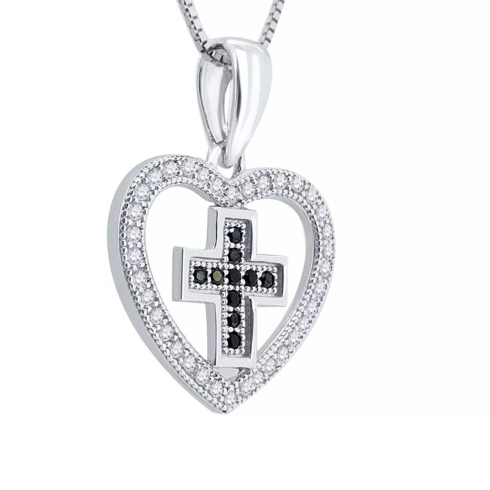 Moissanite & Black Diamond Cross-Heart Charm Pendant Necklace In Sterling Silver