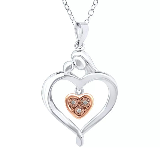 925 Sterling Silver 0.02 ct Diamond Three Stone Heart with Mom & Baby Pendant