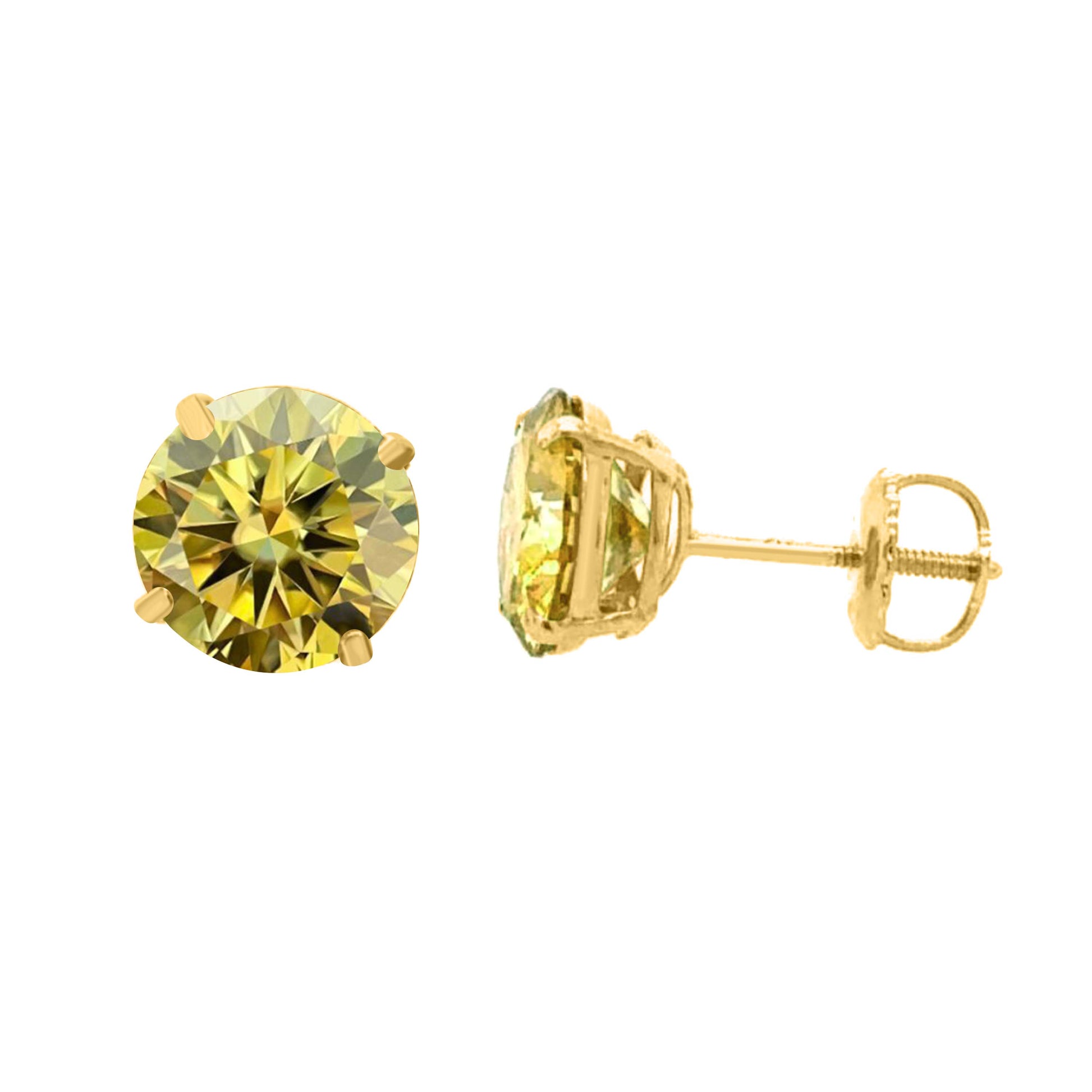 14K Gold Round Yellow Moissanite Stud Earrings with Screw Back, GRA Certified D-VVS1 Clarity Mauli Jewels