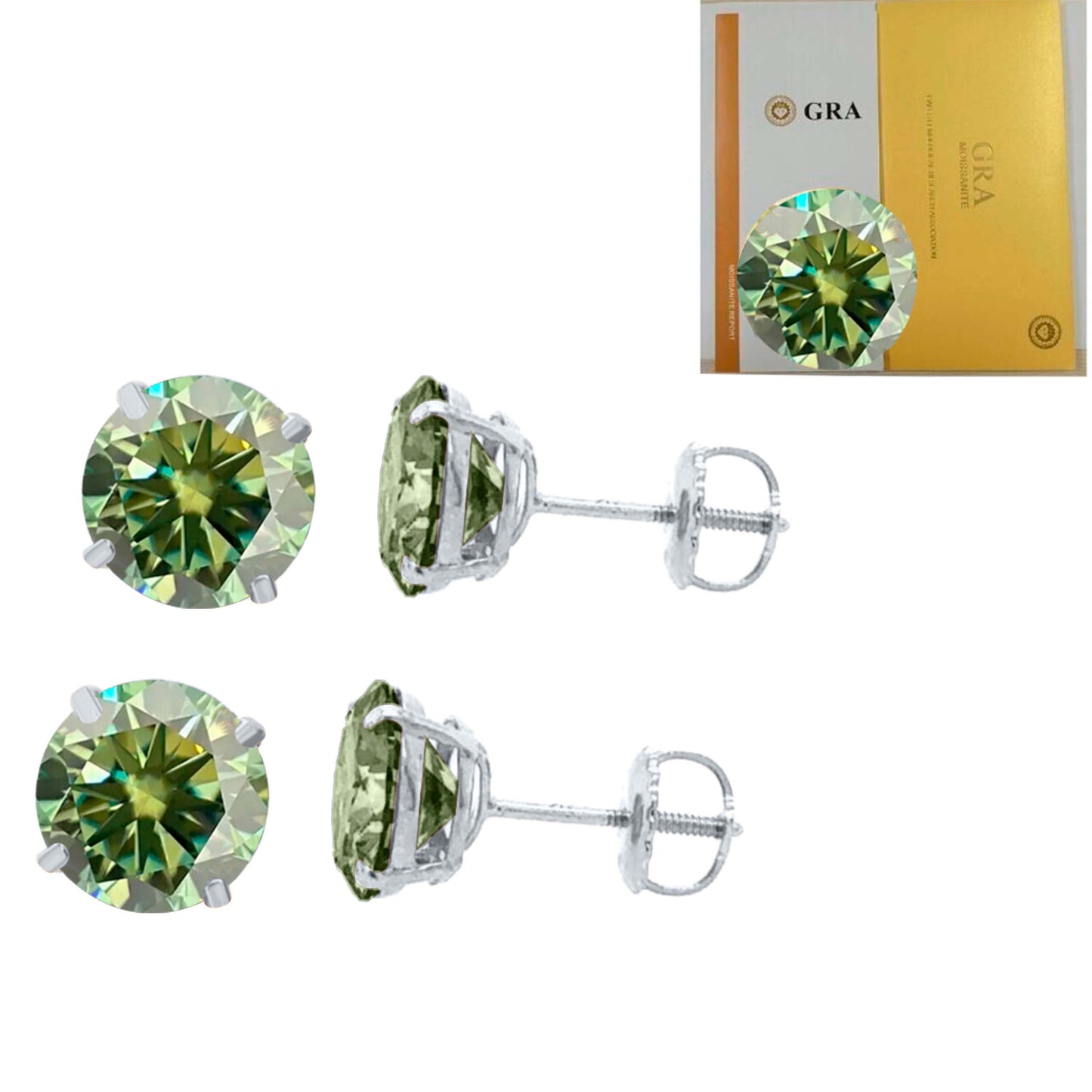 14K Gold Round Green Moissanite Stud Earrings with Screw Back, GRA Certified D-VVS1 Clarity Mauli Jewels