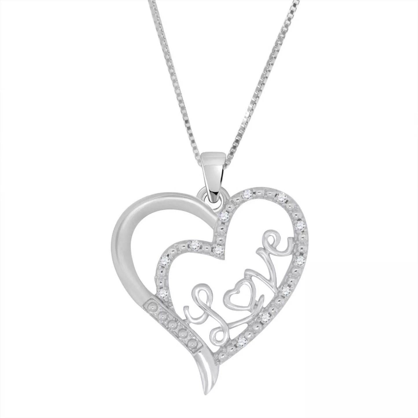 Real Diamond Love in Heart Sterling Silver Heart-Shaped Pendant Necklace (18")