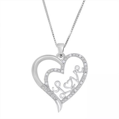 Real Diamond Love in Heart Sterling Silver Heart-Shaped Pendant Necklace (18")