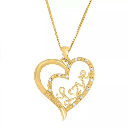 Real Diamond Love in Heart 14k yellow gold over Silver Pendant Necklace