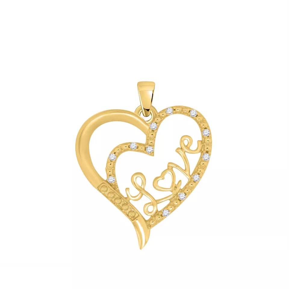 Real Diamond Love in Heart 14k yellow gold over Silver Pendant Necklace