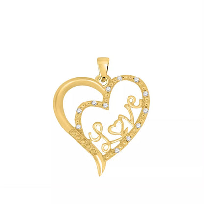 Real Diamond Love in Heart 14k yellow gold over Silver Pendant Necklace