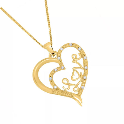 Real Diamond Love in Heart 14k yellow gold over Silver Pendant Necklace