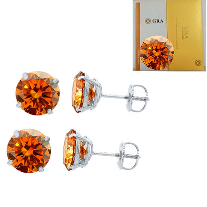 14K Gold Round Orange Moissanite Stud Earrings with Screw Back, GRA Certified D-VVS1 Clarity Mauli Jewels