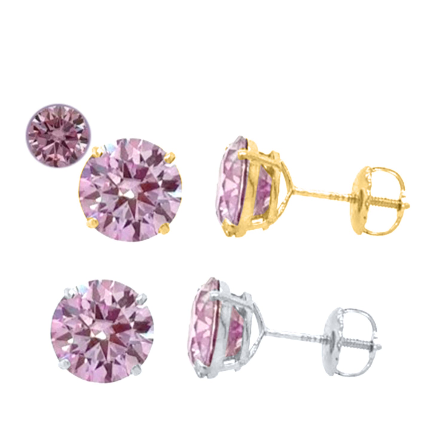 14K Gold Round Pink Moissanite Stud Earrings with Screw Back, GRA Certified D-VVS1 Clarity Mauli Jewels