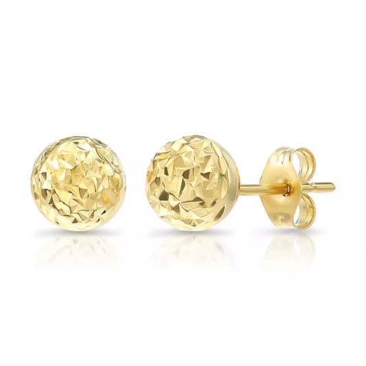 14K Solid Yellow Gold Push-Back Earrings with Round Ball Stud and Diamond Cut Design