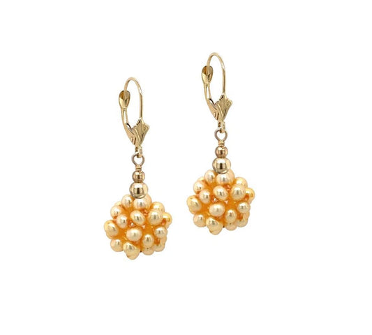 Mauli Jewels Freshwater Pearl Cluster Leverback Earrings 14K Yellow Gold, Dangle Drop Earrings for Women, Bridal Jewelry, Wedding, Anniversary & Christmas Gift